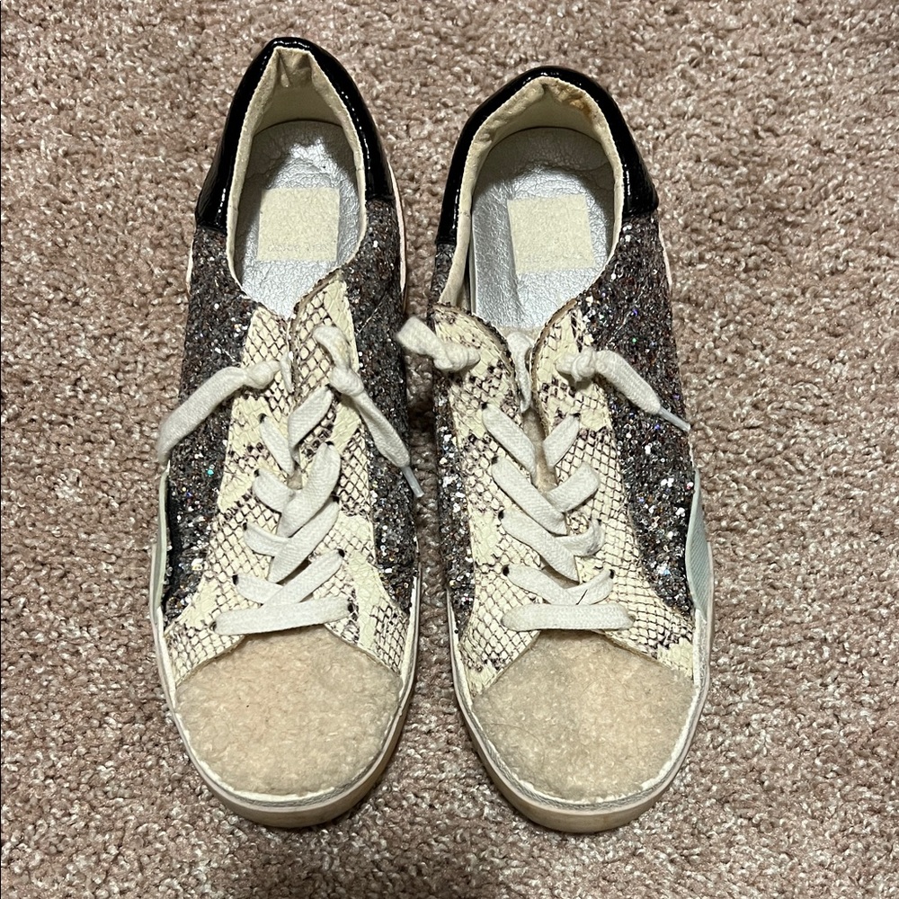 Dolce Vita Women's Beige and Silver Glitter Lace-Up Sneakers